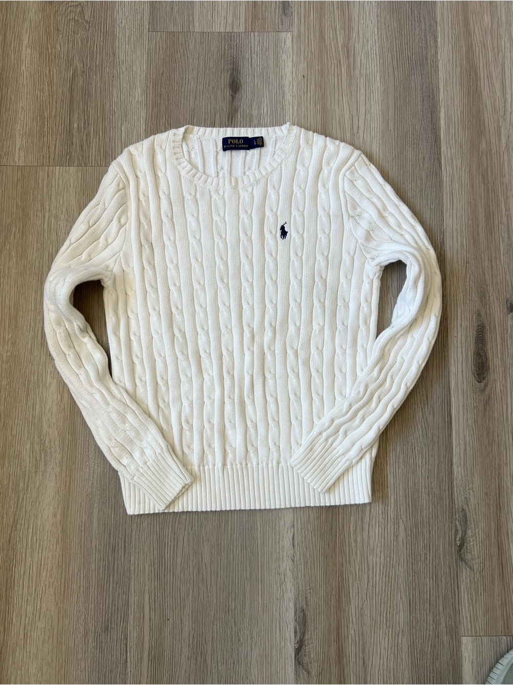 Polo by Ralph Lauren Men's Cream Cable-Knit Crewneck Sweater with Navy Pony